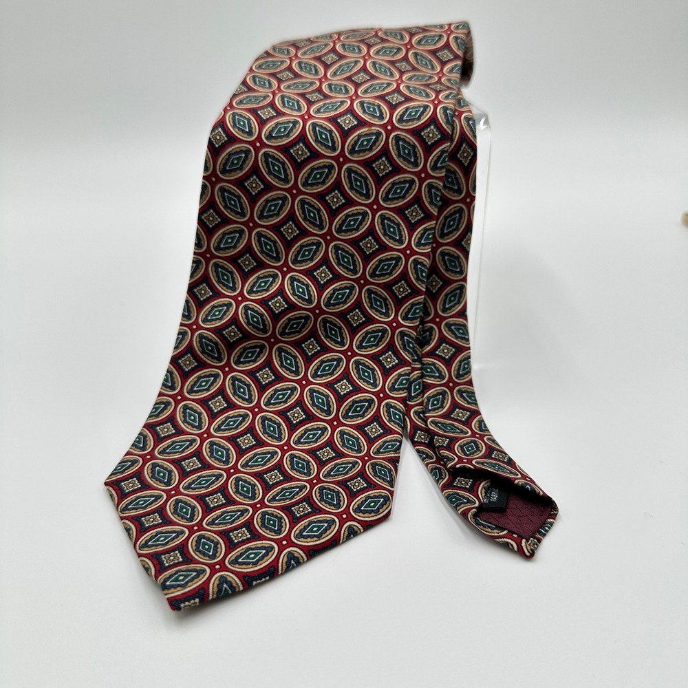 Vintage Christian Dior Tie Mens OS Red Geometric Silk Medallion Designer Retro